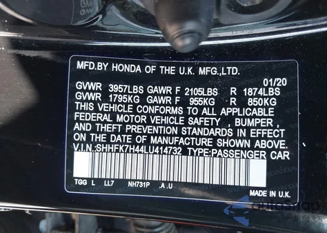 2020 Honda Civic Sport из США, поврежденный, VIN SHHFK7H44LU414732